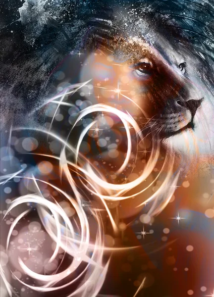 Cabeça de leão com uma expressão majestosamente pacífica, efeito de luz. retrato de perfil . — Fotografia de Stock