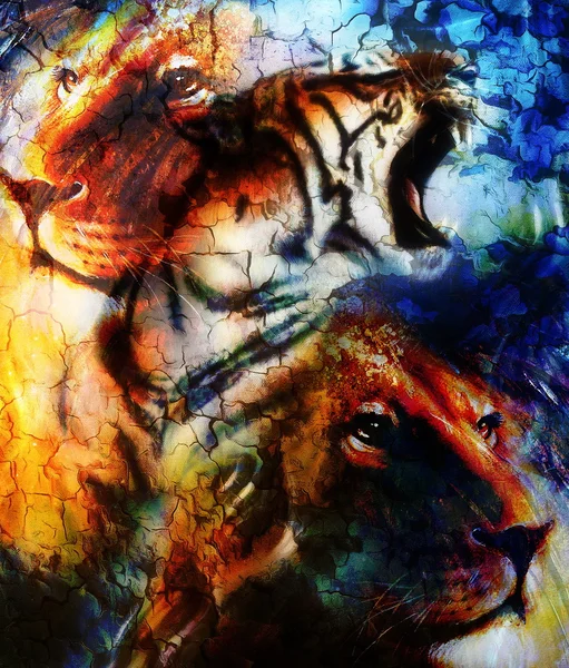 Portrait lion and Tiger face, profile portrait, on colorful abstract  background. Abstract color collage with spots. — Stock Photo, Image