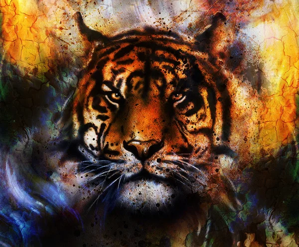 Portret Tiger gezicht, profiel portret, op kleurrijke abstracte achtergrond. Abstracte kleur collage met vlekken. — Stockfoto