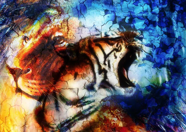 Ritratto leone e tigre, profilo ritratto, su sfondo colorato astratto. Collage astratto di colore con macchie . — Foto Stock