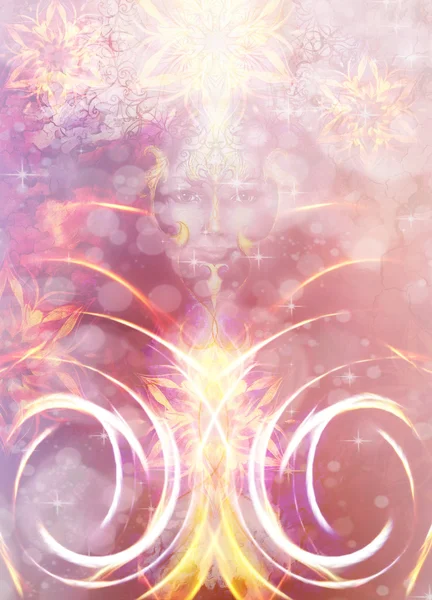Schöne Malerei Göttin Frau mit ornamentalen Mandala und Farbe abstrakten Hintergrund und Wüste knistern. und Licht mit Feuerwirkung. — Stockfoto
