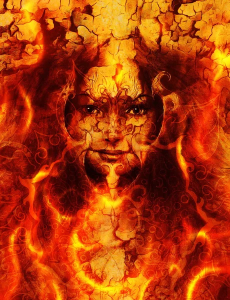 Γυναίκα όμορφη εικονογράφηση και Μάνταλα σε πυρκαγιά, με phoenix πουλιά στο πρόσωπό σας, σε πολύχρωμα φόντο. οπτική επαφή. — Φωτογραφία Αρχείου