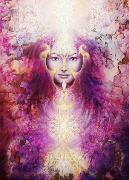 Schöne Malerei Göttin Frau mit ornamentalen Mandala und Farbe abstrakten Hintergrund und Wüste Knistern.. — Stockfoto