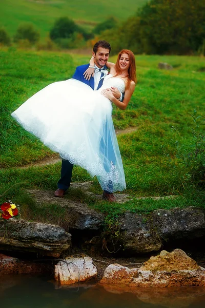 Bräutigam hält seine Braut in den Armen in schöner Landschaft. — Stockfoto