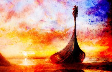 Viking tekne sahilde, Tual üzerine yağlıboya, tekne ahşap ejderha ile boyama. Ve yapısı arka plan, kırmızı, turuncu, sarı, siyah, mor ve mavi renk.
