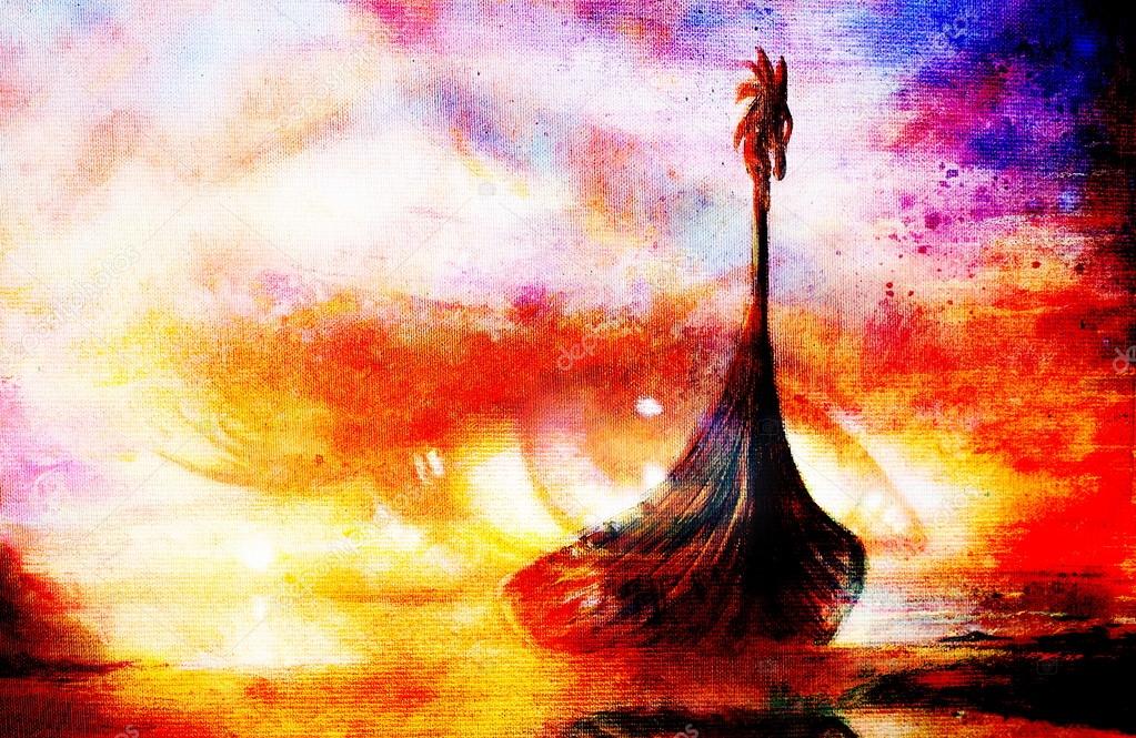 Viking Boat on the beach and woman eye , painting on canvas, Boat with wood dragon. And structure background, red, orange, yellow, black, violet and blue color. Color painting..