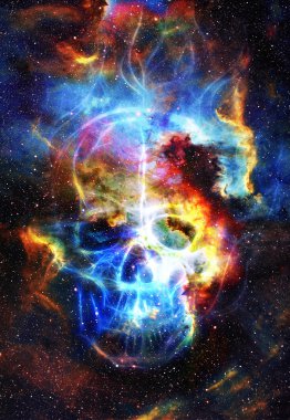 Kafatası ve fraktal etki. Renk arkaplanı, bilgisayar kolajı. Bu görüntünün elementleri NASA tarafından desteklenmektedir.