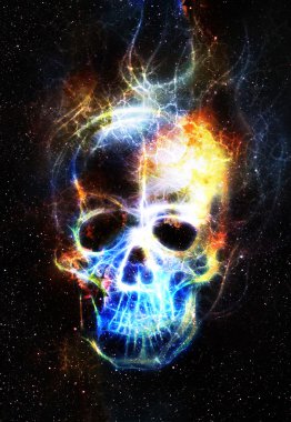 Kafatası ve fraktal etki. Renk arkaplanı, bilgisayar kolajı. Bu görüntünün elementleri NASA tarafından desteklenmektedir.