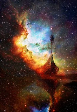 Uzayda ve yıldızlarda Viking teknesi, siyah renkli arka plan, bilgisayar kolajı, tahta ejderhalı tekne. Bu görüntünün elementleri NASA tarafından desteklenmektedir.