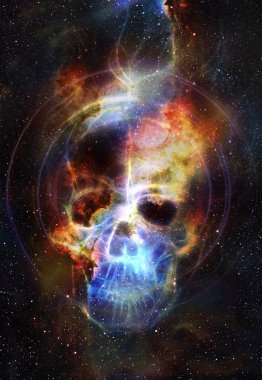 Kafatası ve fraktal etki. Renk arkaplanı, bilgisayar kolajı. Bu görüntünün elementleri NASA tarafından desteklenmektedir.