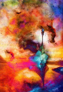 Viking tekne tekne ahşap ejderha ile uzay ve yıldız, bilgisayar kolaj,.