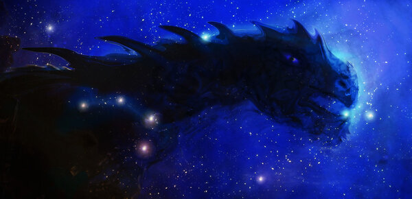 Cosmic dragon in space and stars, blue cosmic abstract background