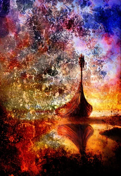 Вікінгів човен на пляжі, живопис на полотні, човен з деревини дракона. І структура фону, червоний, оранжевий, жовтий, чорний, фіолетовий і синій колір. — стокове фото