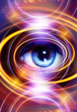 Göz temas kadın göz ve renk arka plan, sarı ışık daire.