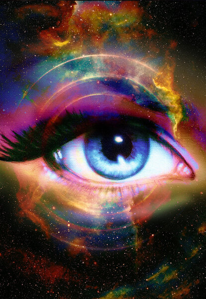 Woman Eye and cosmic space with stars.  abstract color background, eye contact.