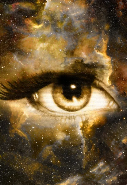 Mujer Ojo y espacio cósmico con estrellas. fondo de color abstracto, contacto visual. —  Fotos de Stock
