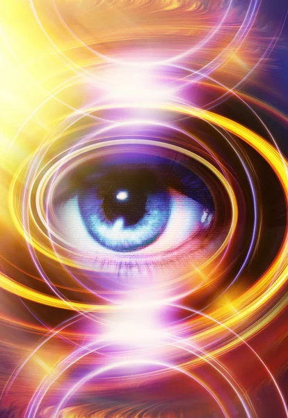 Kvinnan ögat och gult ljus cirkel, abstrakt färg bakgrunden, öga kontakt. — Stockfoto
