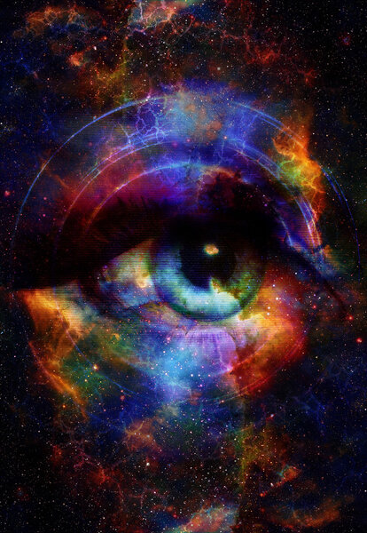 Woman Eye and cosmic space with stars and music speaker silhouette. abstract color background, eye contact, music concept
