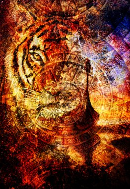 Viking tekne ahşap ejderha ve kaplan kafa ile sahilde ve Antik Maya takvim, soyut renk arka plan, bilgisayar kolaj, göz teması.