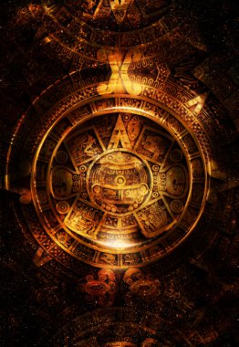 Antik Maya Takvimi, soyut renk arkaplanı, bilgisayar kolajı.