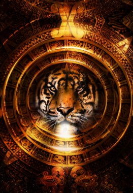 Antik Maya takvimi ve kaplan başı, soyut renk arka plan, bilgisayar kolaj, göz teması.