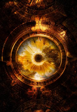 Antik Maya Takvimi, soyut renk arkaplanı, bilgisayar kolajı.