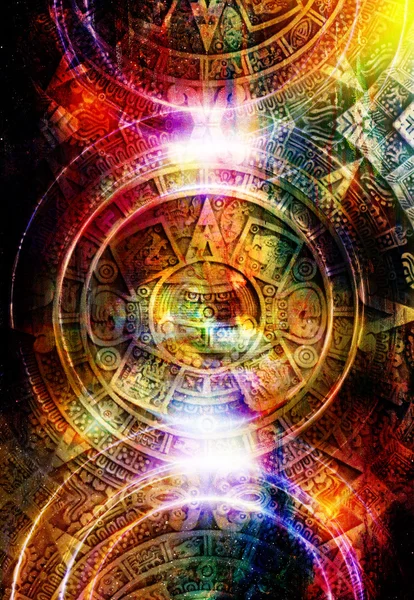 Ancient Mayan Calendar, abstract color Background, computer collage. Circle structure. — Stock Photo, Image