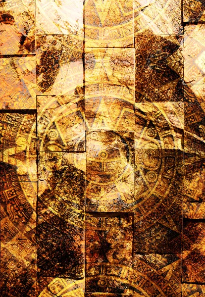 Ancient Mayan Calendar, abstract color Background, computer collage. Wall structure. — Stock Photo, Image