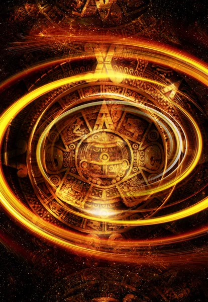 Ancient Mayan Calendar, Cosmic space and stars, abstract color Background, computer collage. Yeloow circle. — Stock Photo, Image