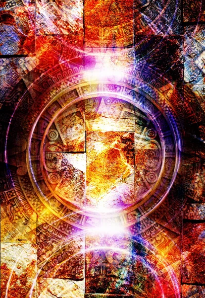 Ancient Mayan Calendar, abstract color Background, computer collage. Wall structure. — Stock Photo, Image