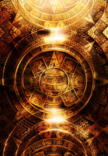 Alter Maya-Kalender, abstrakter Farbhintergrund, Computercollage. — Stockfoto