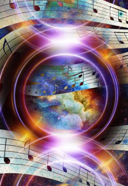 Audio music Speaker and note. Cosmic space and stars, abstract cosmic  background.