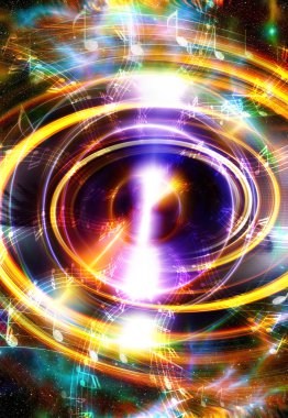 Audio music Speaker and note. Cosmic space and stars, abstract cosmic  background.