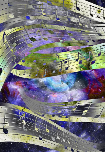 Note de musique et Espace et étoiles avec fond couleur abstraite . — Photo