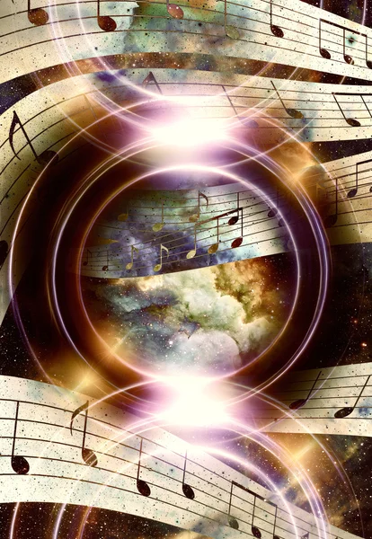 Nota de música y la silueta altavoz de música y el espacio con estrellas. fondo de color abstracto. Concepto musical . — Foto de Stock