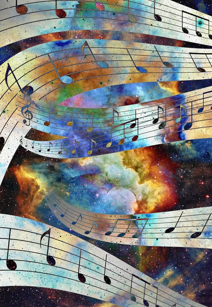 Musik Note und Raum und Sterne mit abstraktem Farbhintergrund. — Stockfoto