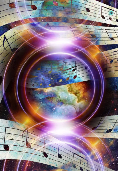 Audio music Altoparlante e nota. Spazio cosmico e stelle, sfondo cosmico astratto . — Foto Stock