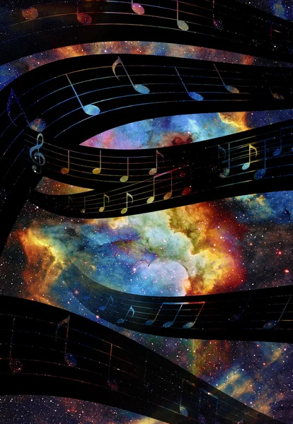 音楽ノートと宇宙と抽象的な色の背景を持つ星. — ストック写真