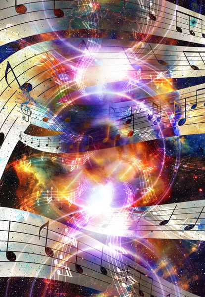 Аудио музыка Динамик и заметка. Космическое пространство и звезды, абстрактный космический фон . — стоковое фото