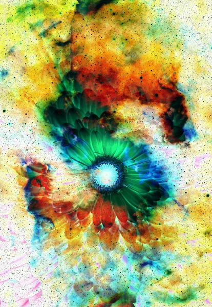 Spazio e stelle con fiore, colore sfondo galaxi, collage computer . — Foto Stock