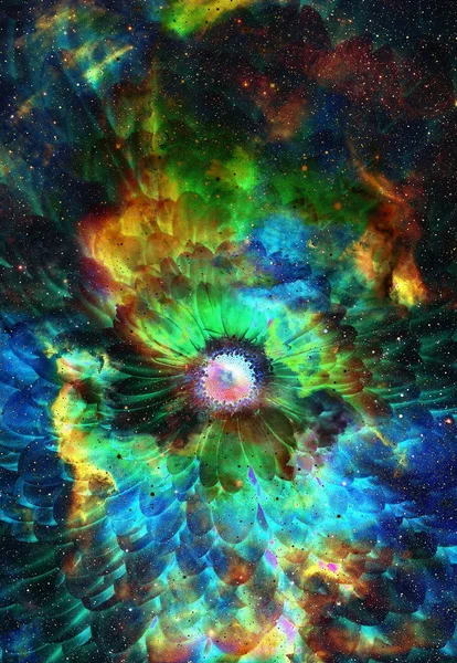 Espacio y estrellas con flor, fondo de galaxias de color, collage informático . — Foto de Stock