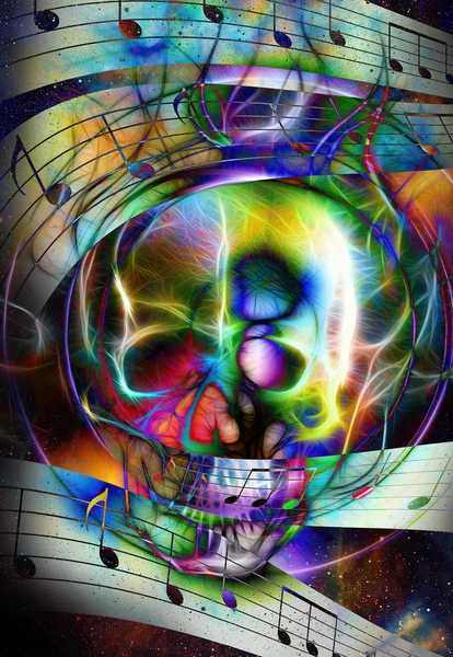 Skull and note. Skull  fractal effect and fire effect. Color space background, computer collage. — Stock Fotó