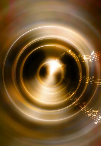 Sziluettjét a zene Audio hangszóró és Megjegyzés, absztrakt háttér fény-kör. Zenei koncepció. — Stock Fotó