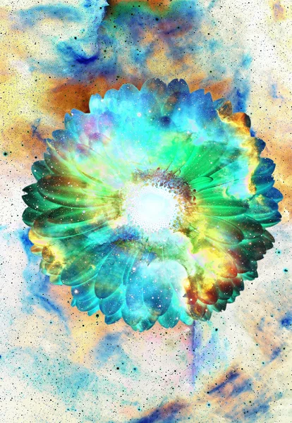 Utrymme och stjärnor med blomma, färg galaxi bakgrund, dator collage. — Stockfoto