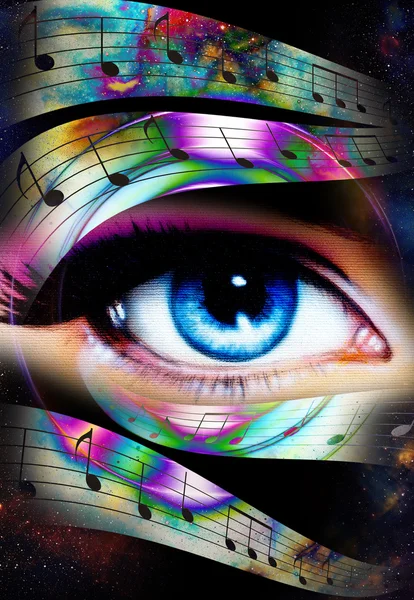 Mujer Ojo y música nota y espacio cósmico con estrellas. fondo de color abstracto, contacto visual . — Foto de Stock