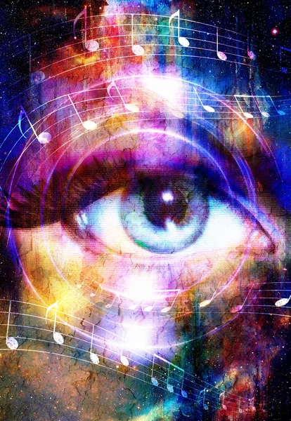 Nő szem és a hangjegy és a kozmikus térben a csillagok. absztrakt színű háttér, szemkontaktus. — Stock Fotó