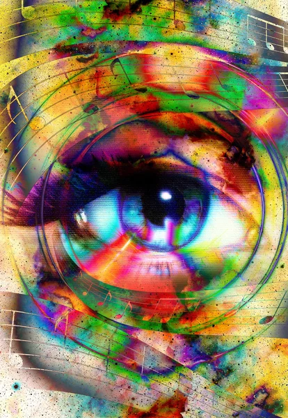 Nő szem és a hangjegy és a kozmikus térben a csillagok. absztrakt színű háttér, szemkontaktus. — Stock Fotó