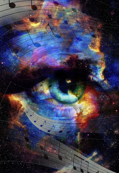 Mujer Ojo y música nota y espacio cósmico con estrellas. fondo de color abstracto, contacto visual . —  Fotos de Stock