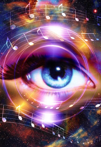 Nő szem és a hangjegy és a kozmikus térben a csillagok. Audio zene hangszóró sziluettje. absztrakt színű háttér, szemkontaktus. — Stock Fotó