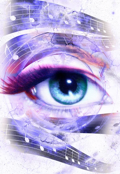 Kvinnan öga och musik anteckning och kosmiska rymden med stjärnor. abstrakt färg bakgrunden, ögonkontakt. — Stockfoto